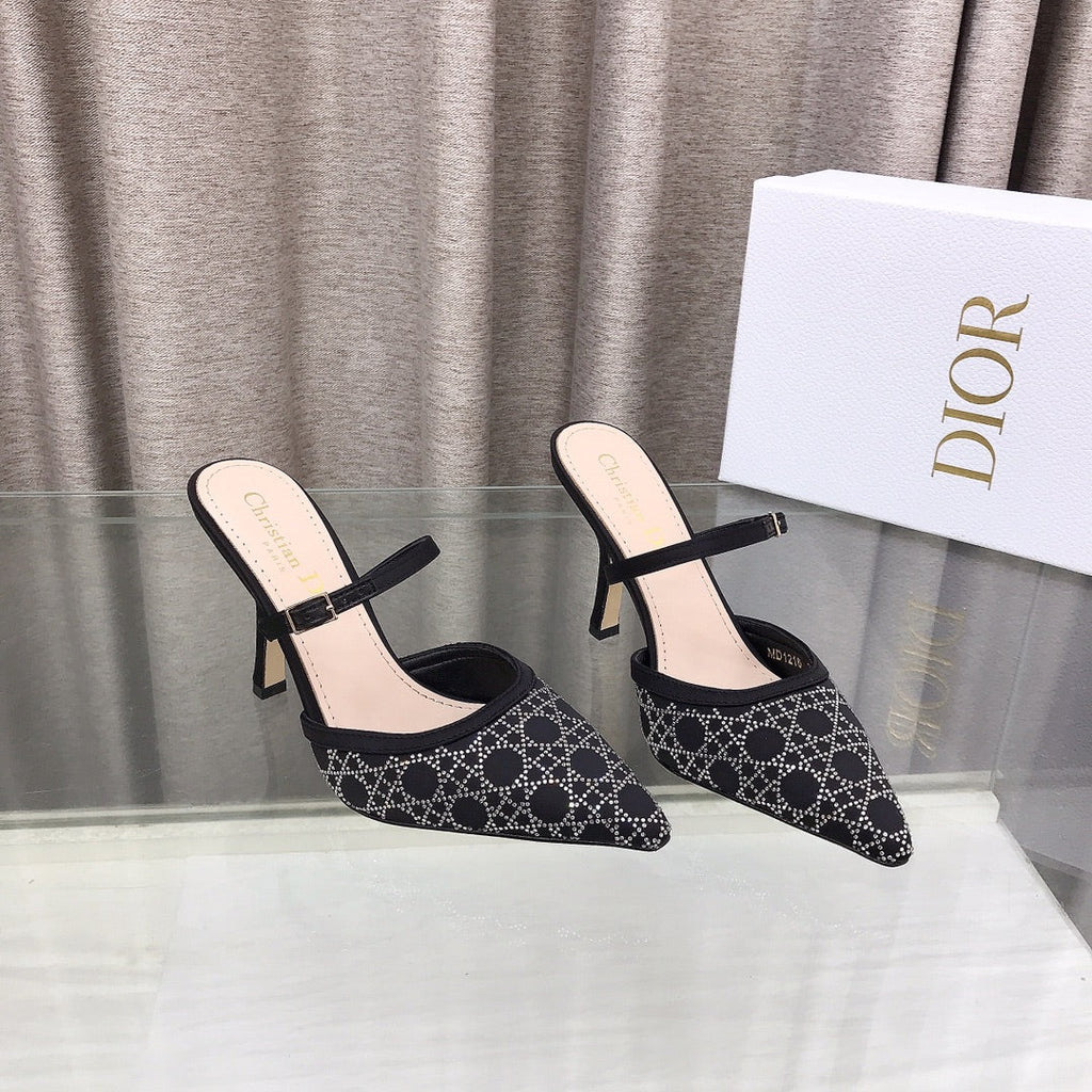 CD High Heeled Mule Crystal Black Sheepskin 460071