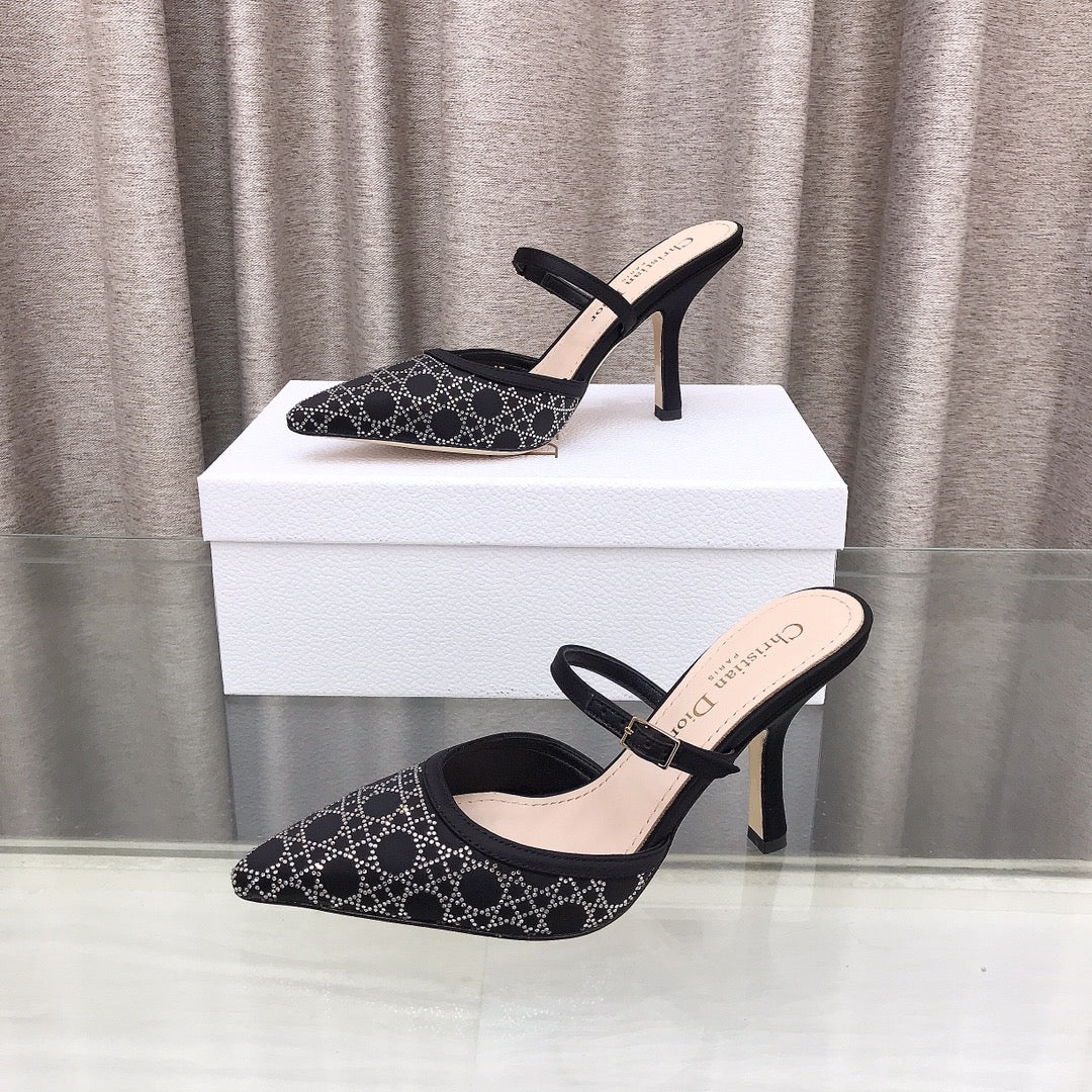 CD High Heeled Mule Crystal Black Sheepskin 460071