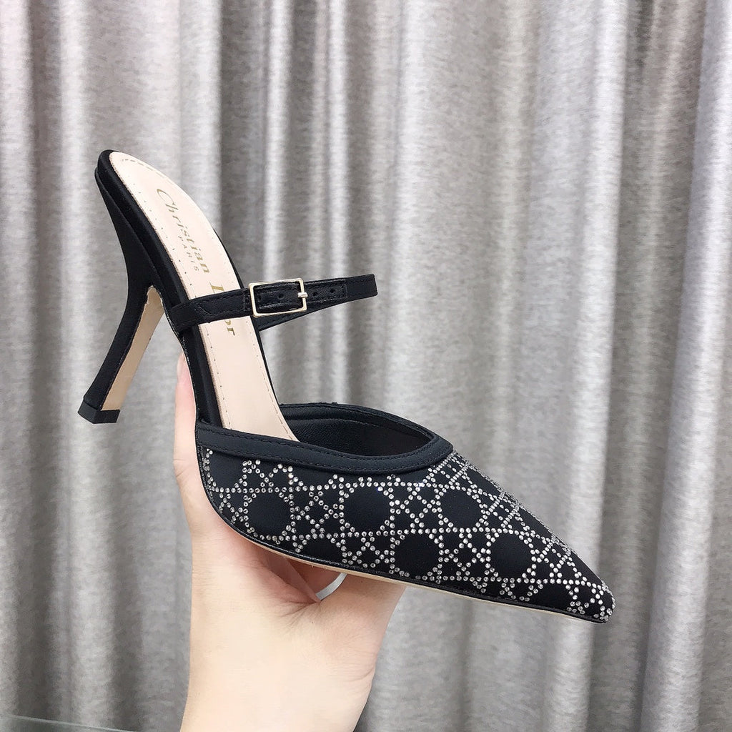 CD High Heeled Mule Crystal Black Sheepskin 460071