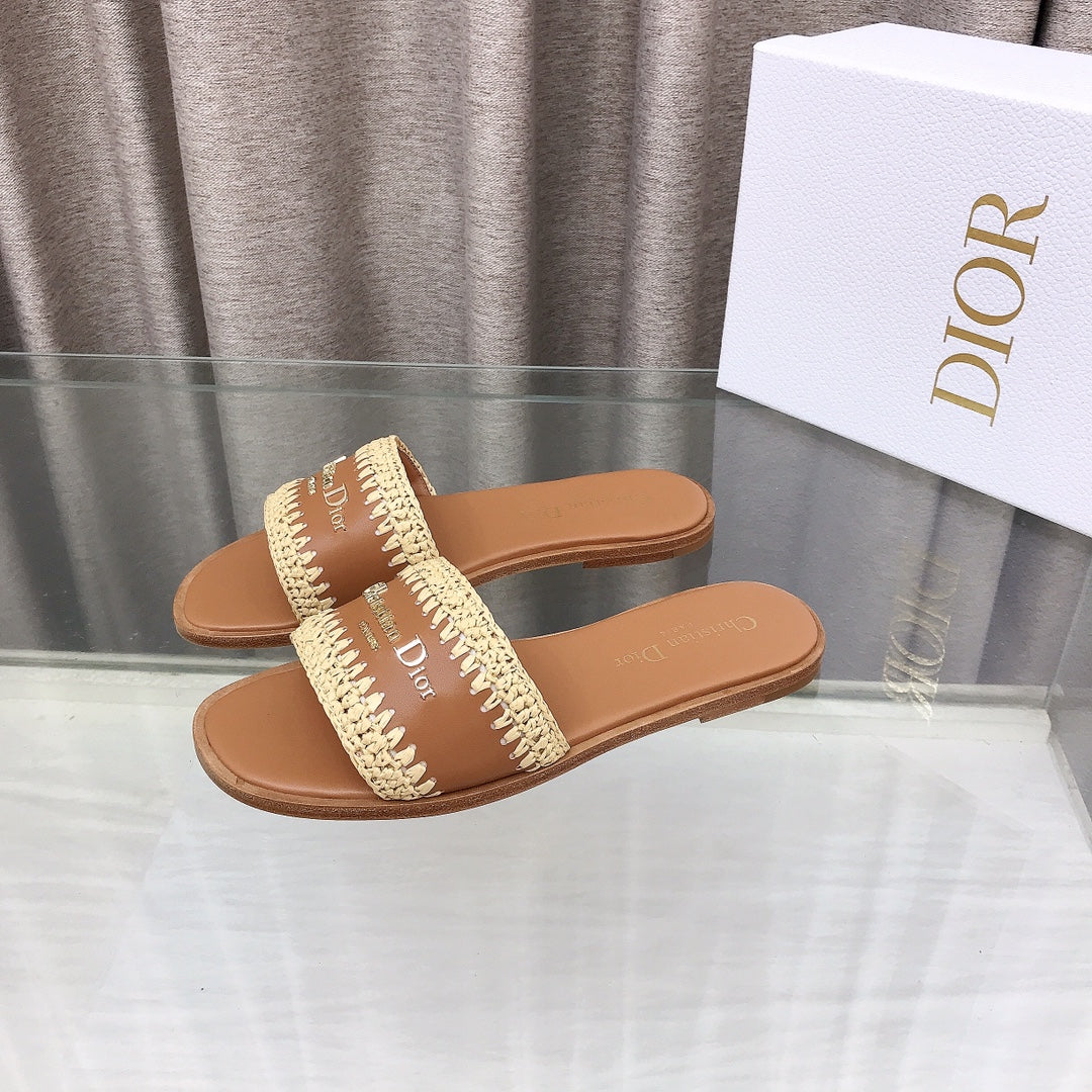 CD D-Lane Flat Colorblock Espadrilles Brown Raffia and Calfskin
