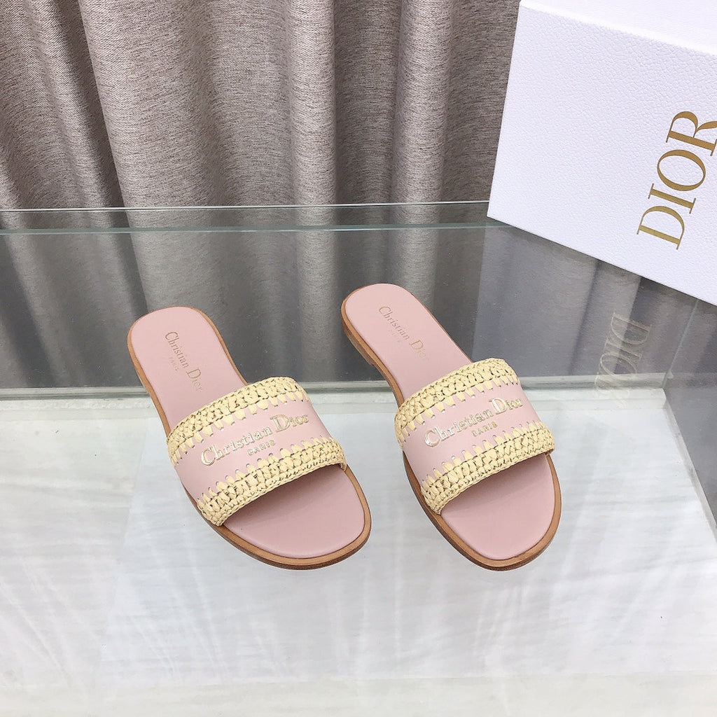 CD D-Lane Flat Colorblock Espadrilles Pink Raffia and Calfskin