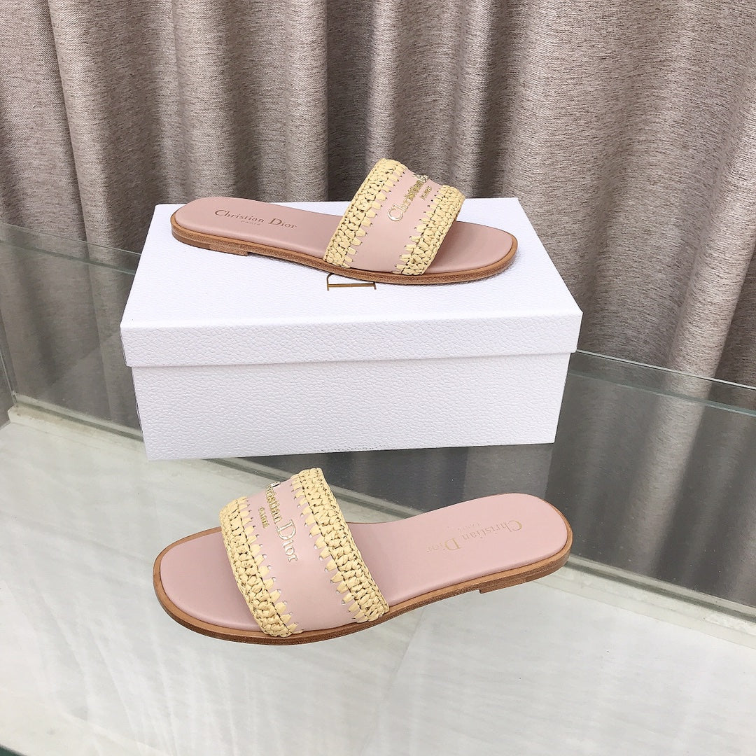 CD D-Lane Flat Colorblock Espadrilles Pink Raffia and Calfskin