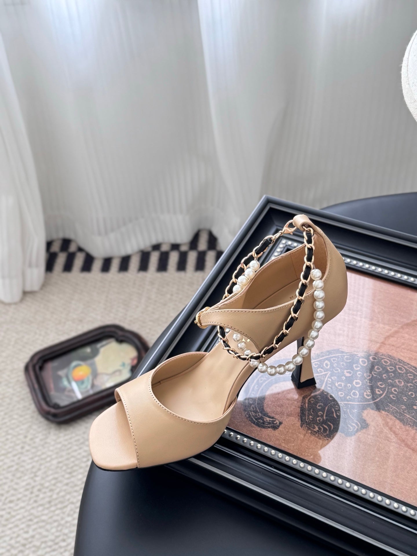 CC 25B Mary Janes 85mm High Heel Pearl Strap Beige Sheepskin