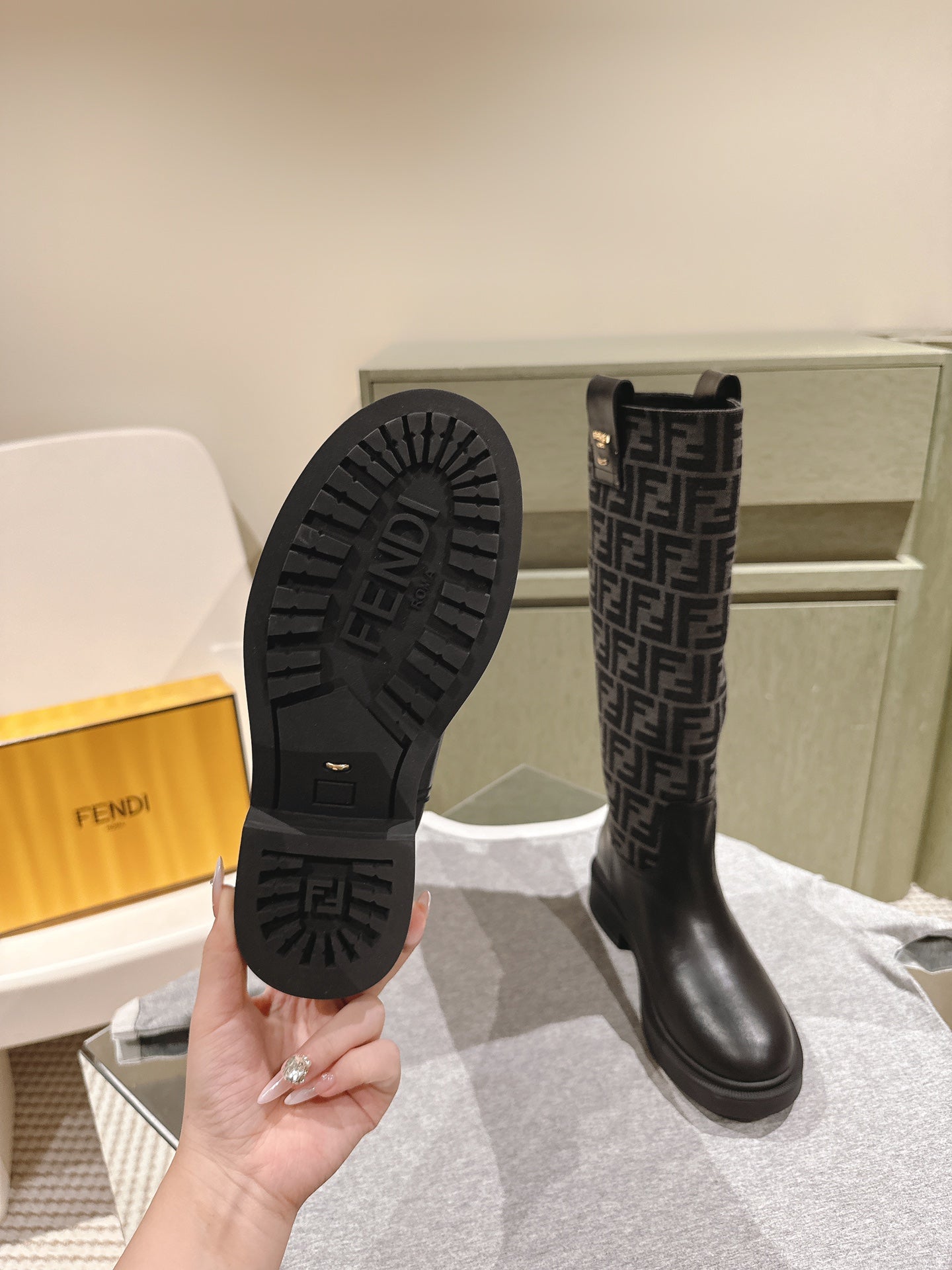 Fendi Long Boots F Pattern Black Cowhide 463749