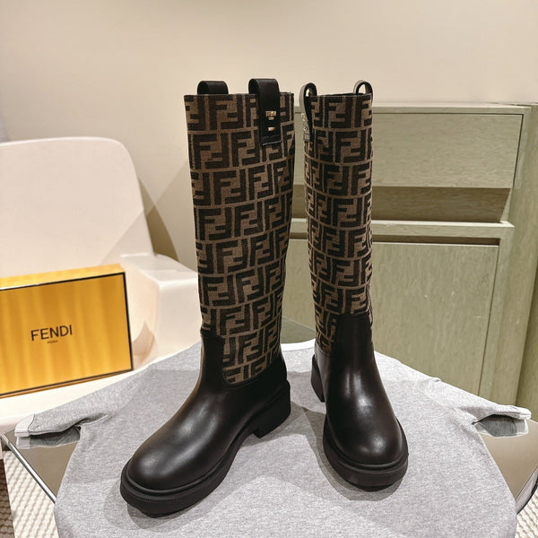 Fendi Long Boots F Pattern Black and Brown Cowhide 463748