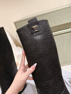 Fendi Long Boots F Embossed Pattern Black Cowhide 463747