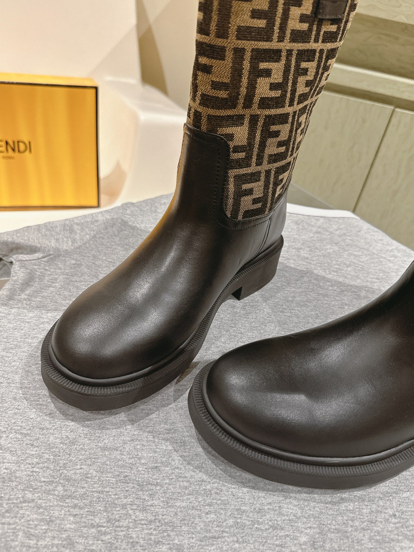 Fendi Ankle Boots F Pattern Black and Brown Cowhide 463743