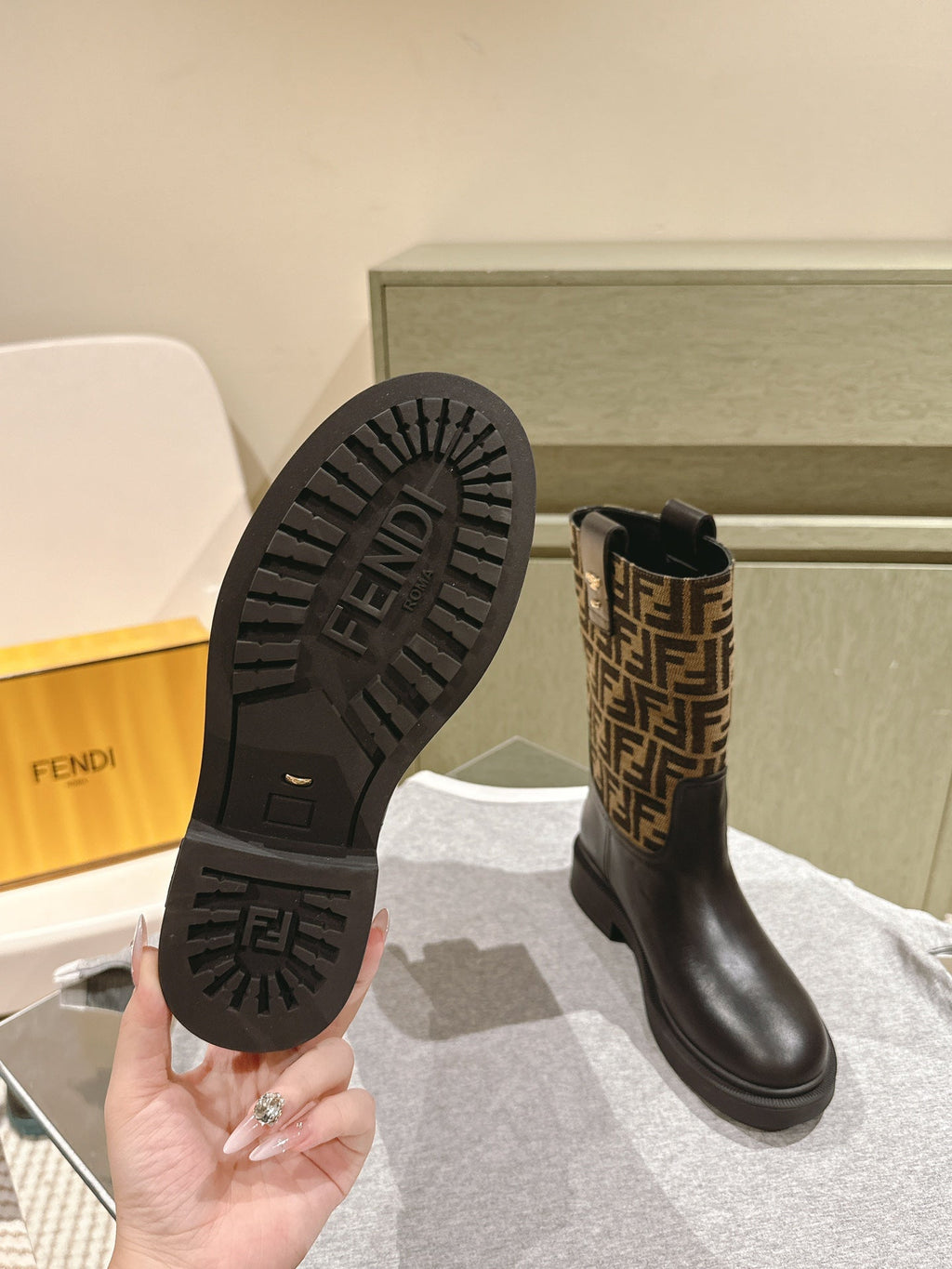 Fendi Ankle Boots F Pattern Black and Brown Cowhide 463743