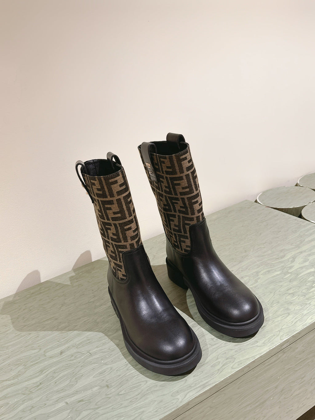 Fendi Ankle Boots F Pattern Black and Brown Cowhide 463743