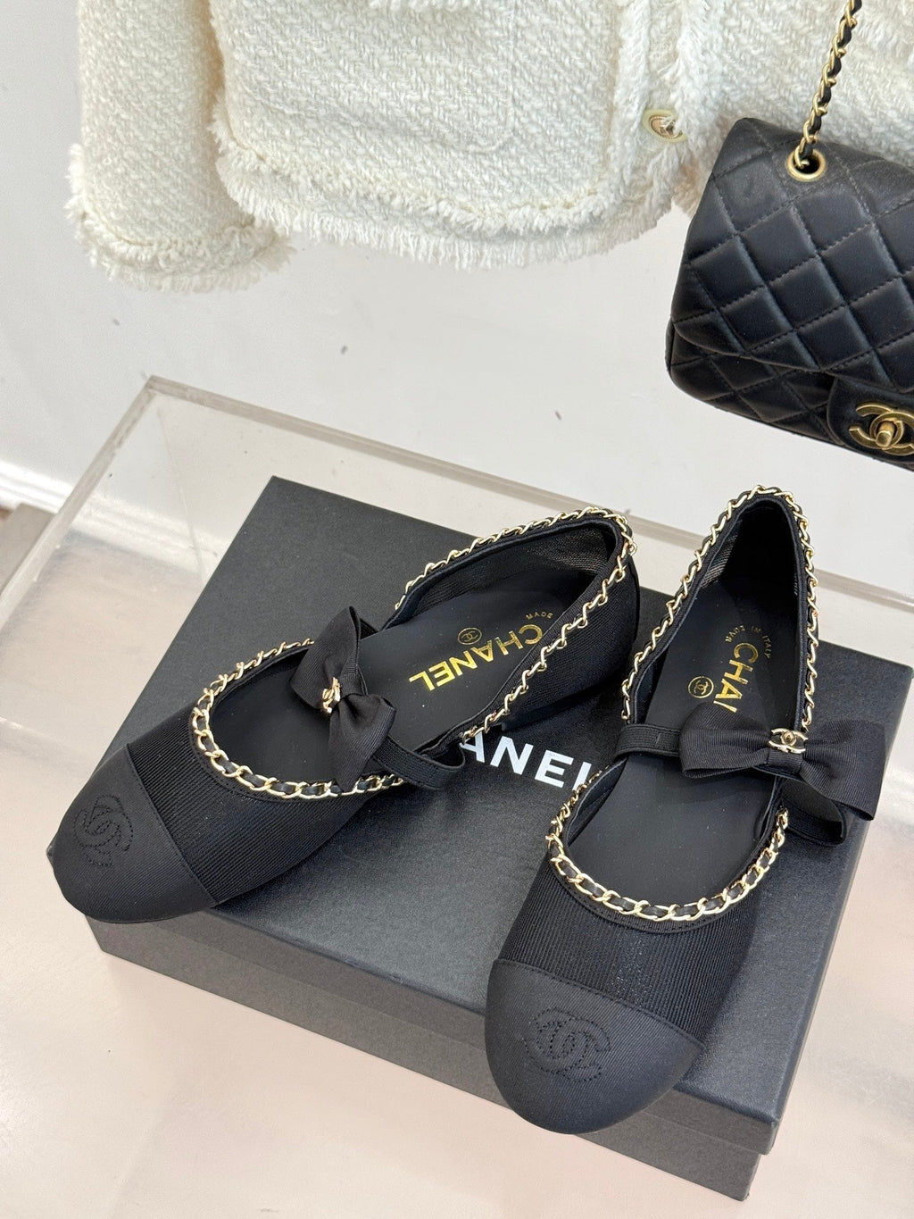 CC 25P Hollow Chain Bow Mary Janes Black Mesh 473301