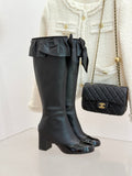CC 25A Pleated-Collar Bow-Tie Stretch High Boots Black Lambskin 473359