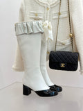 CC 25A Pleated-Collar Bow-Tie Stretch High Boots White Lambskin 473358