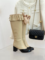 CC 25A Pleated-Collar Bow-Tie Stretch High Boots Beige Lambskin 473357