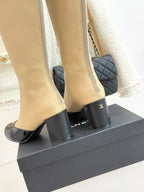 CC 25A Pleated-Collar Bow-Tie Stretch High Boots Beige Lambskin 473357