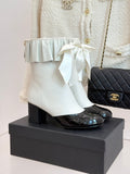 CC 25A Pleated-Collar Bow-Tie Stretch Ankle Boots White Lambskin 473356