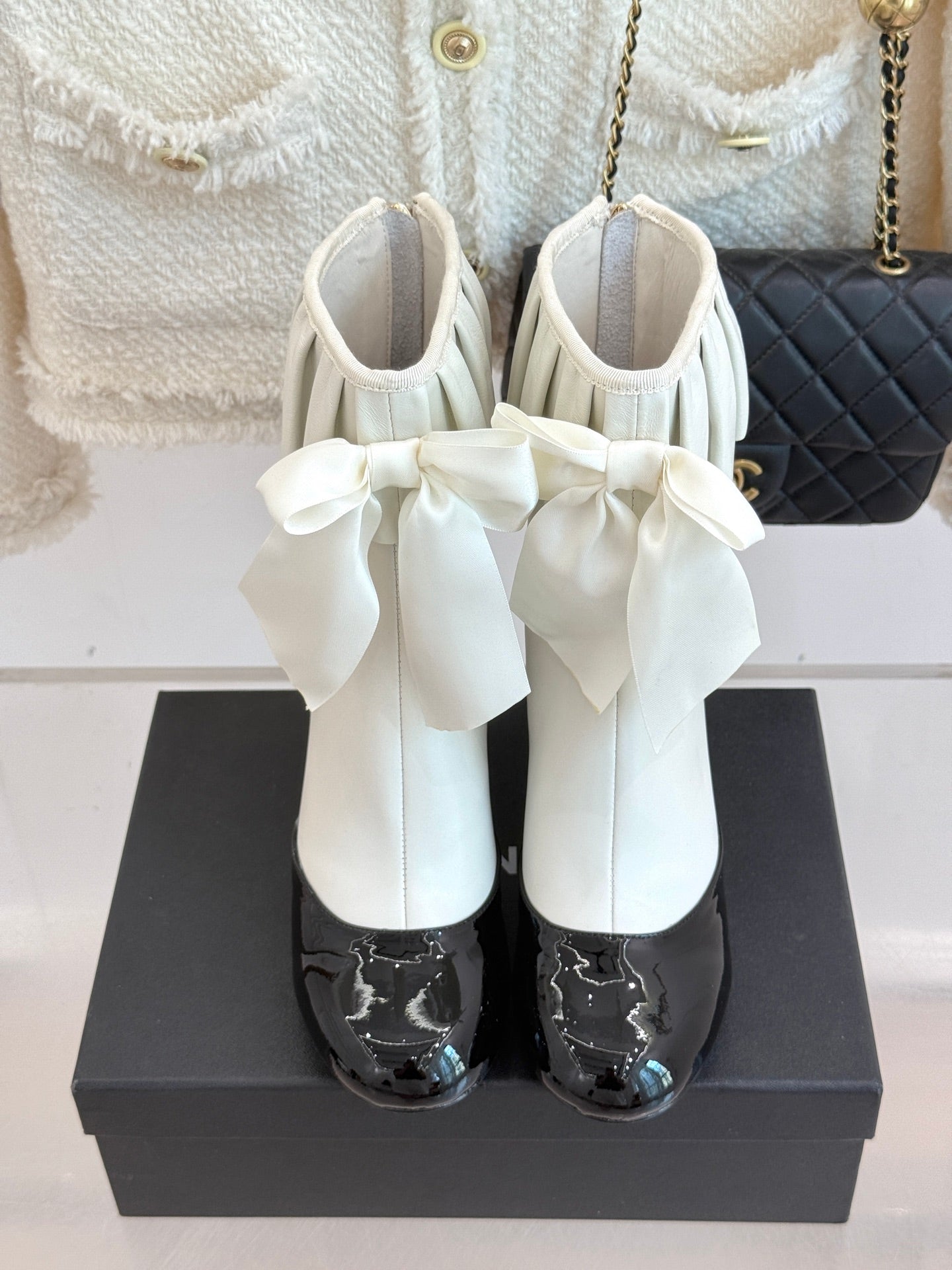 CC 25A Pleated-Collar Bow-Tie Stretch Ankle Boots White Lambskin 473356