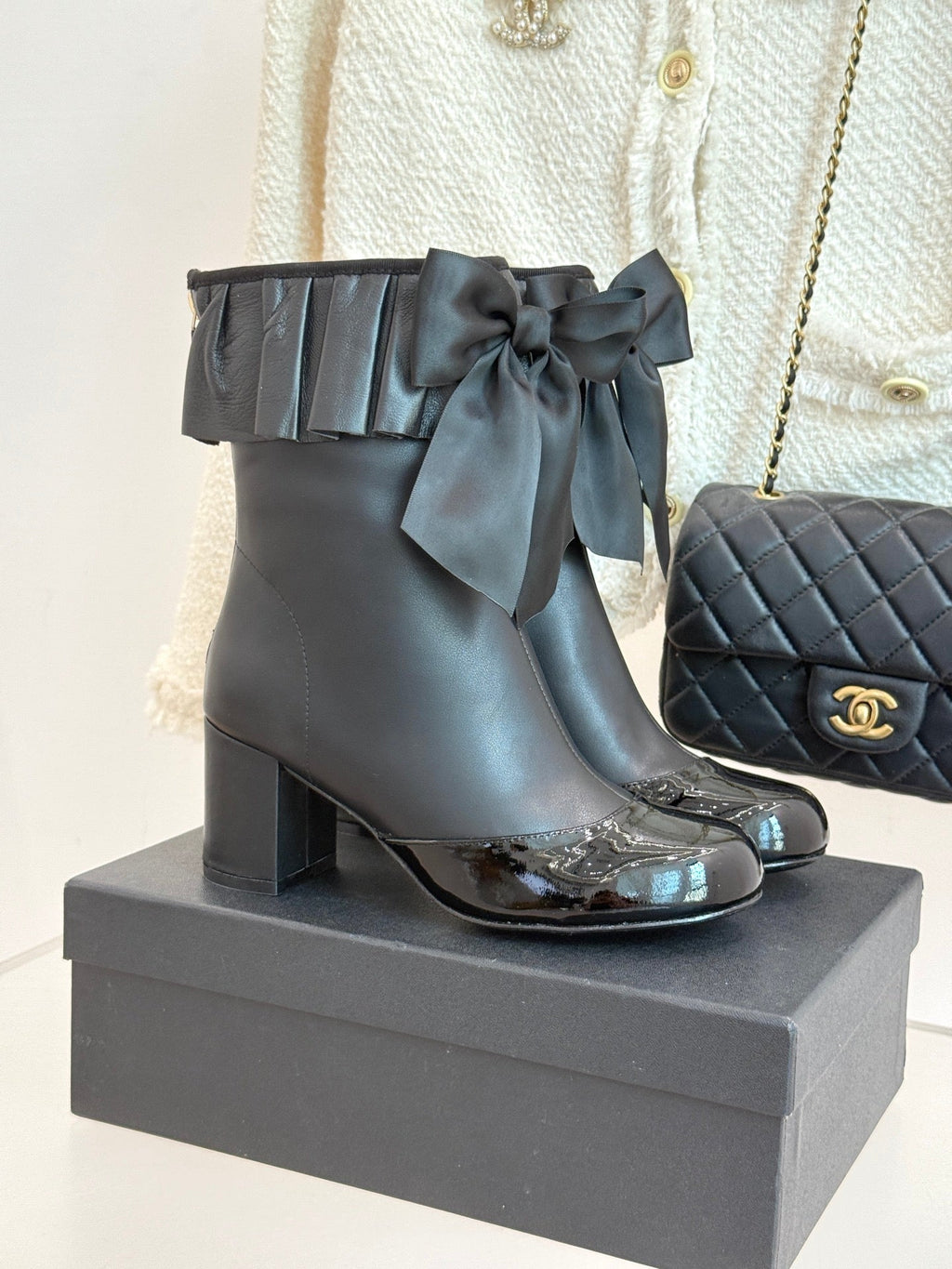 CC 25A Pleated-Collar Bow-Tie Stretch Ankle Boots Black Lambskin 473355