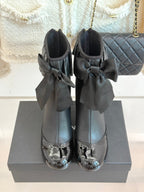CC 25A Pleated-Collar Bow-Tie Stretch Ankle Boots Black Lambskin 473355
