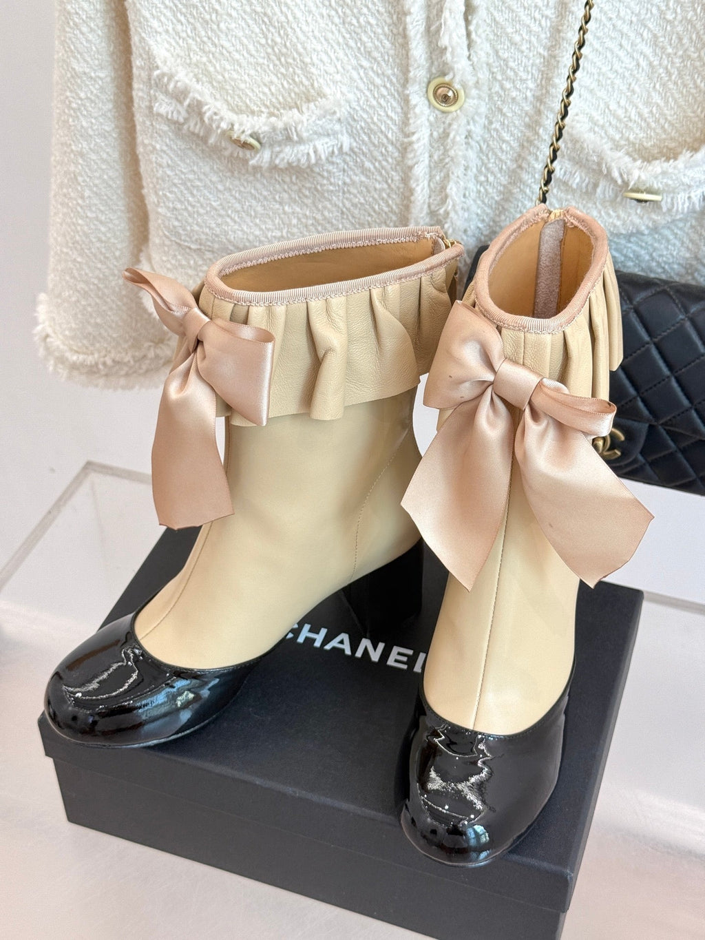 CC 25A Pleated-Collar Bow-Tie Stretch Ankle Boots Beige Lambskin 473354