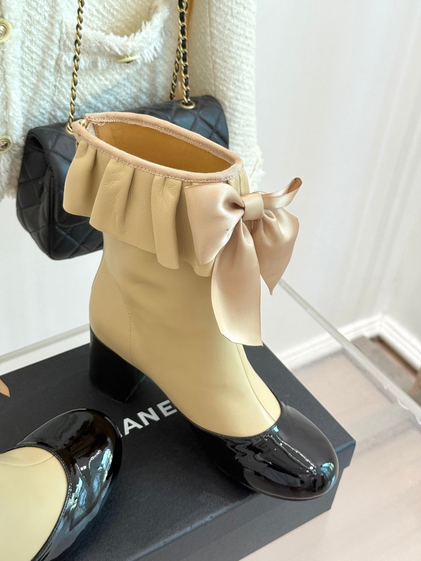 CC 25A Pleated-Collar Bow-Tie Stretch Ankle Boots Beige Lambskin 473354