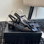 CC 25C Camellia Mid-Back Sandals Black Lambskin With Flower 473434