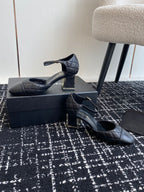 CC 25SS Diamond-Patterned Block-Heeled Mary Janes Black Sheepskin 473433