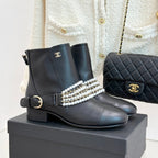 CC Classic Pearl Chain Colorblock Block Heel Ankle Boots Black Lambskin 473319