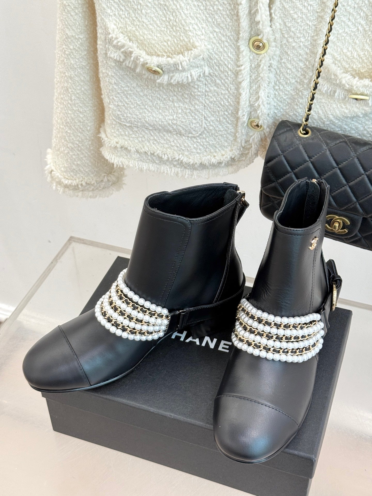 CC Classic Pearl Chain Colorblock Block Heel Ankle Boots Black Lambskin 473319