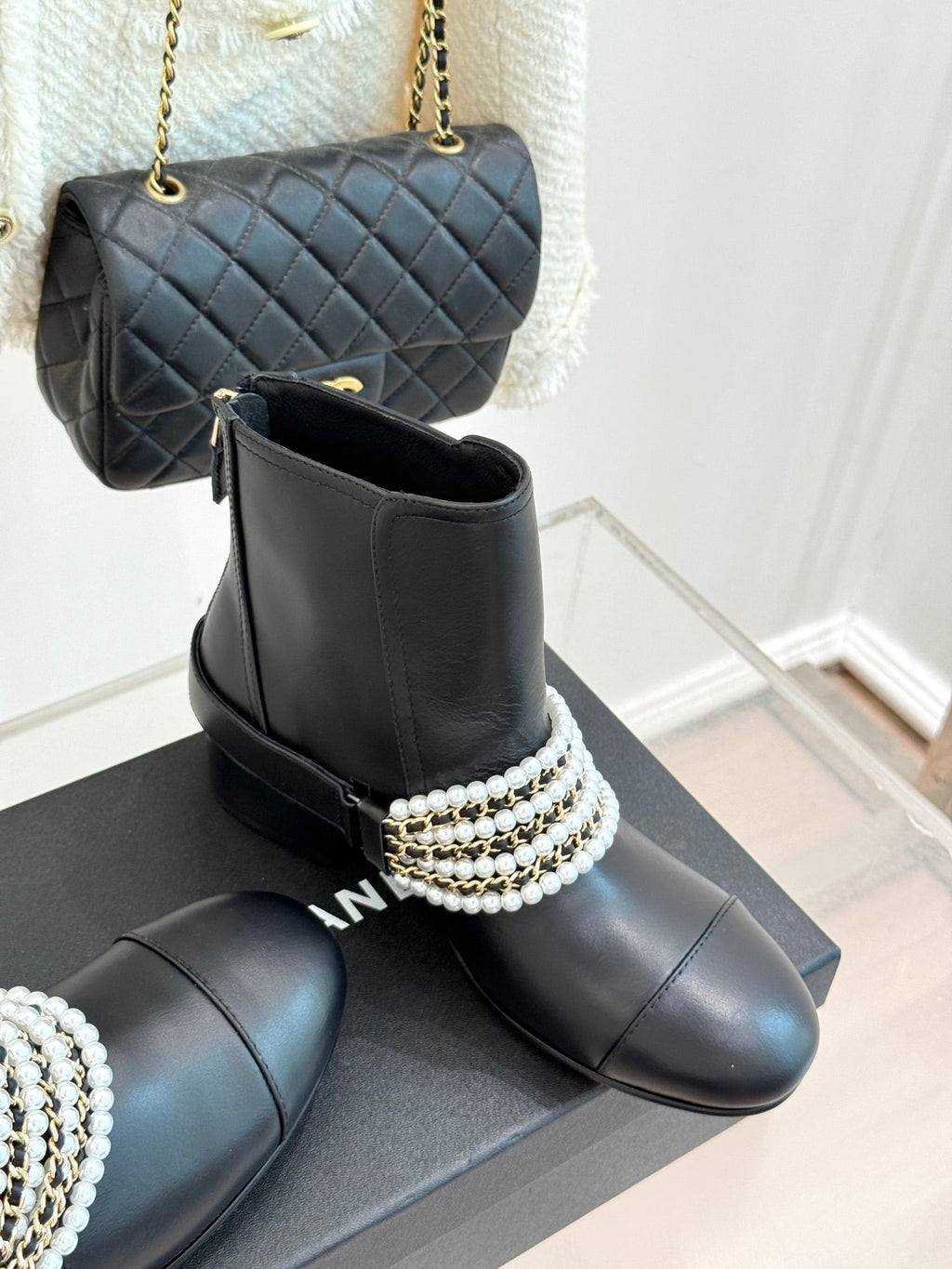 CC Classic Pearl Chain Colorblock Block Heel Ankle Boots Black Lambskin 473319