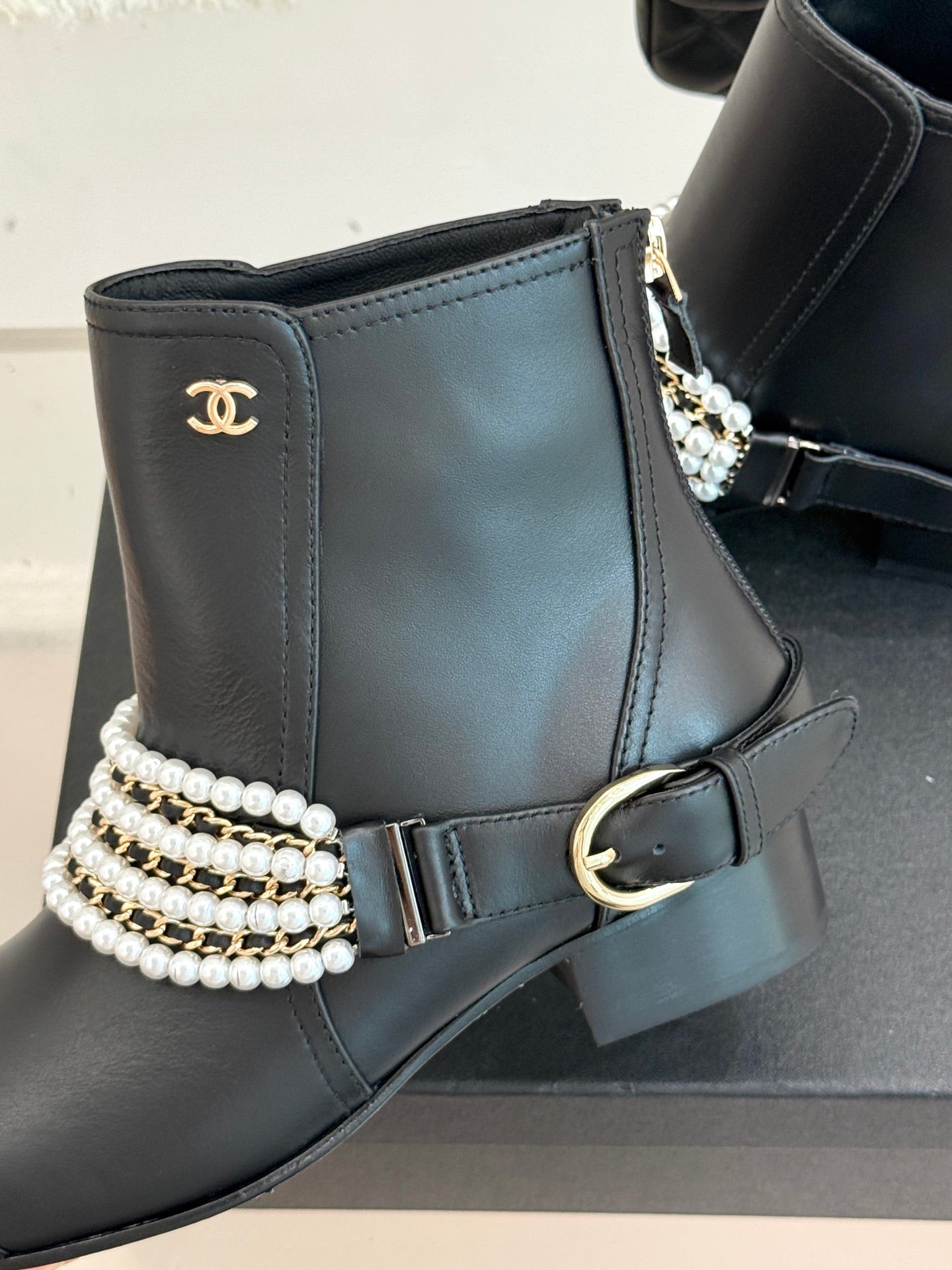 CC Classic Pearl Chain Colorblock Block Heel Ankle Boots Black Lambskin 473319
