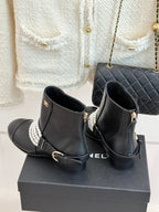 CC Classic Pearl Chain Colorblock Block Heel Ankle Boots Black Lambskin 473319