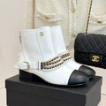 CC Classic Pearl Chain Colorblock Block Heel Ankle Boots White Lambskin 473318