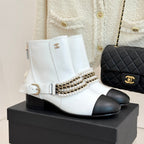 CC Classic Pearl Chain Colorblock Block Heel Ankle Boots White Lambskin 473318