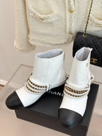 CC Classic Pearl Chain Colorblock Block Heel Ankle Boots White Lambskin 473318