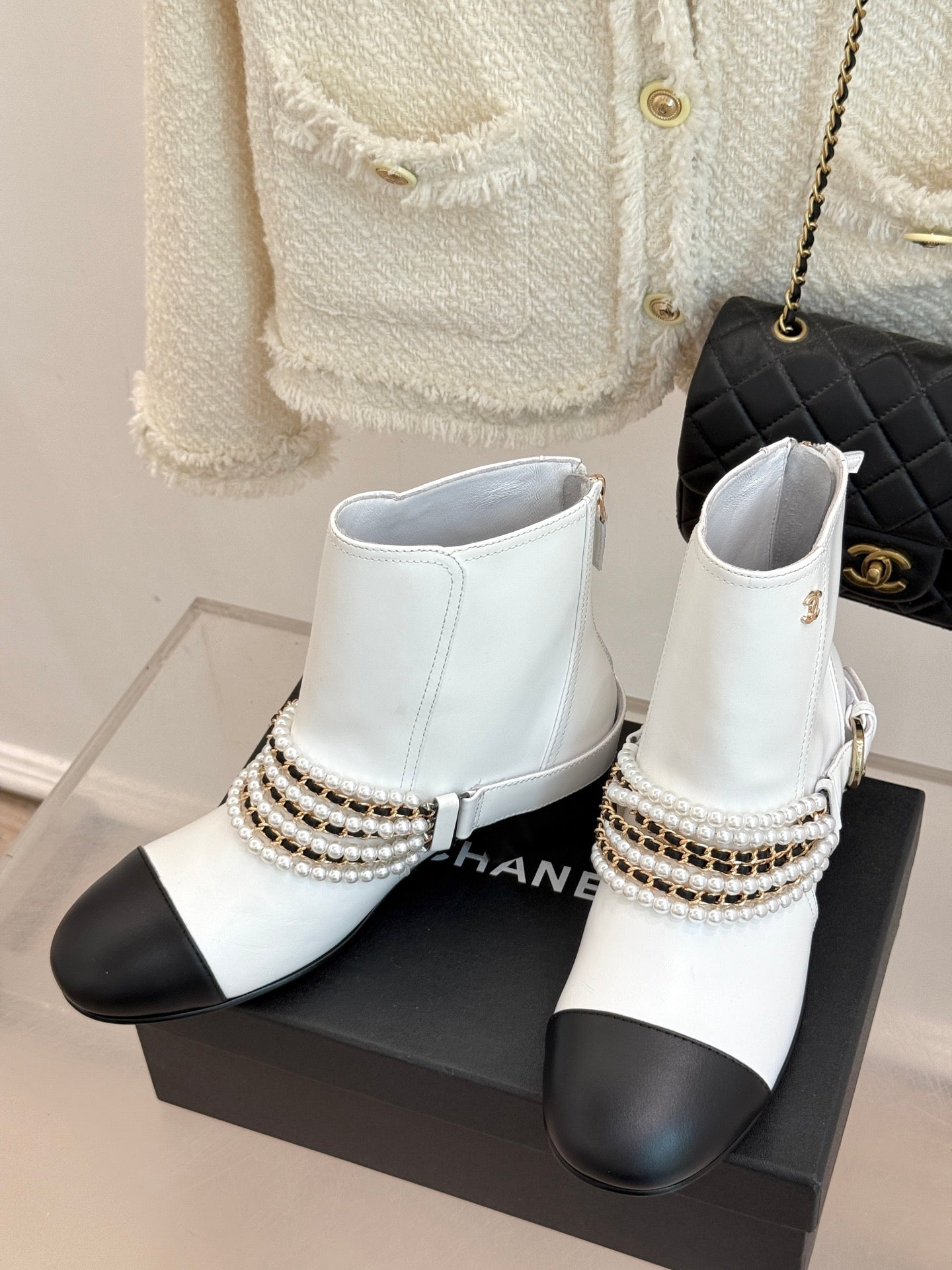 CC Classic Pearl Chain Colorblock Block Heel Ankle Boots White Lambskin 473318