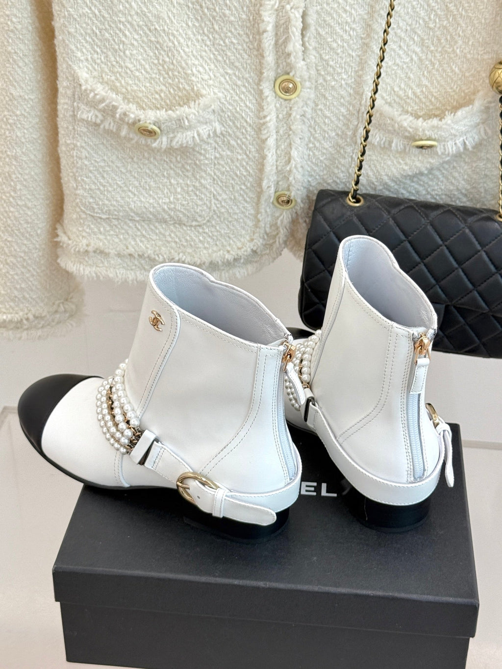 CC Classic Pearl Chain Colorblock Block Heel Ankle Boots White Lambskin 473318