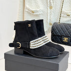 CC Classic Pearl Chain Colorblock Block Heel Ankle Boots Black Suede 473317