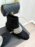 CC Classic Pearl Chain Colorblock Block Heel Ankle Boots Black Suede 473317