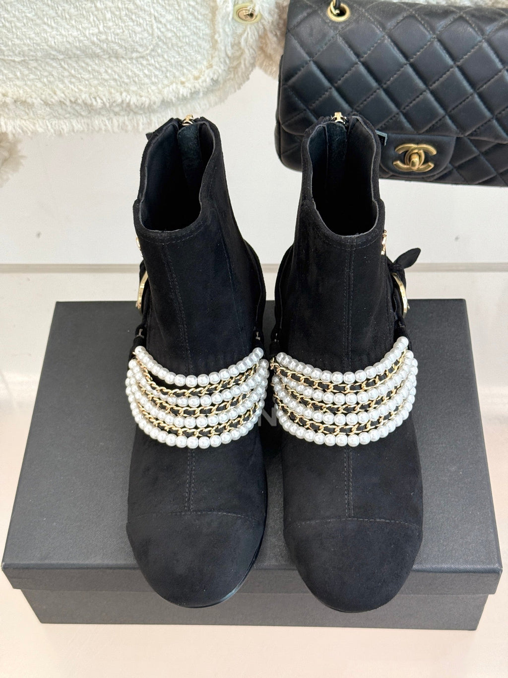 CC Classic Pearl Chain Colorblock Block Heel Ankle Boots Black Suede 473317