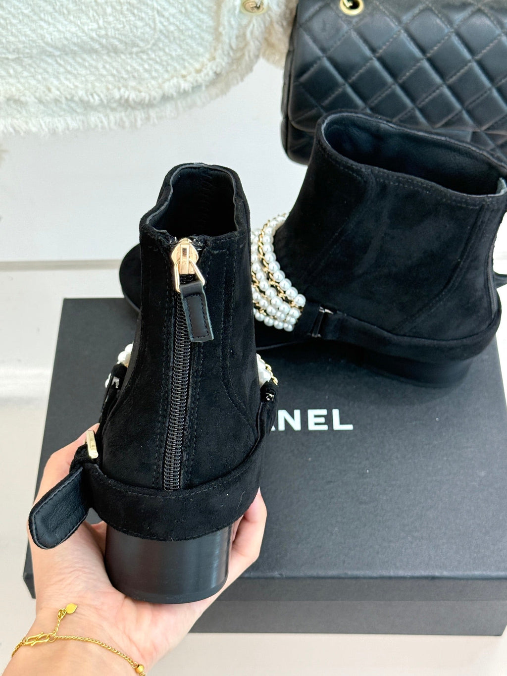 CC Classic Pearl Chain Colorblock Block Heel Ankle Boots Black Suede 473317