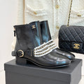 CC Classic Pearl Chain Colorblock Block Heel Ankle Boots Black Glossy Lambskin 473316