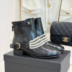 CC Classic Pearl Chain Colorblock Block Heel Ankle Boots Black Glossy Lambskin 473316