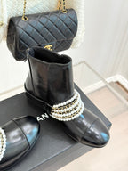 CC Classic Pearl Chain Colorblock Block Heel Ankle Boots Black Glossy Lambskin 473316