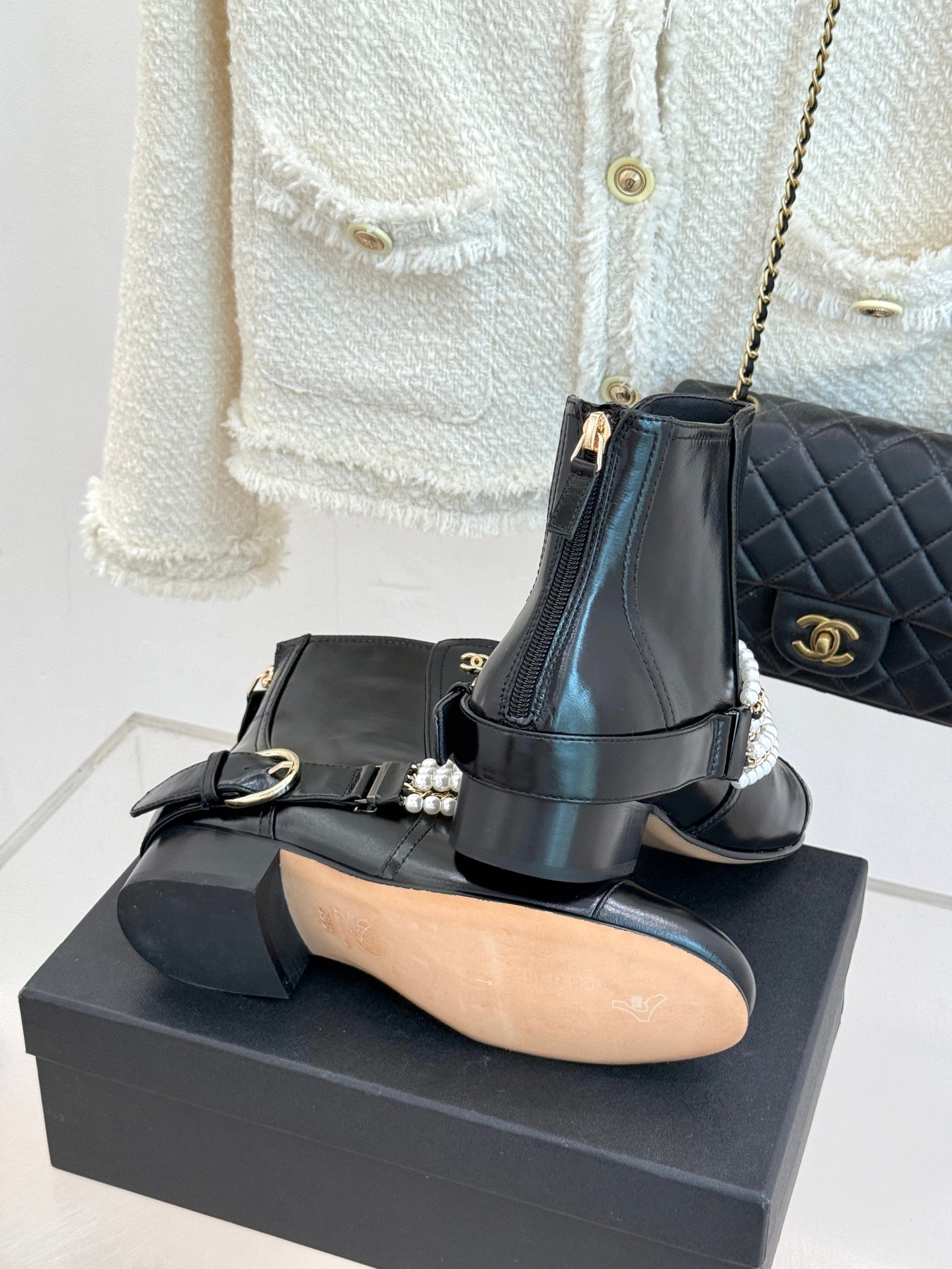 CC Classic Pearl Chain Colorblock Block Heel Ankle Boots Black Glossy Lambskin 473316
