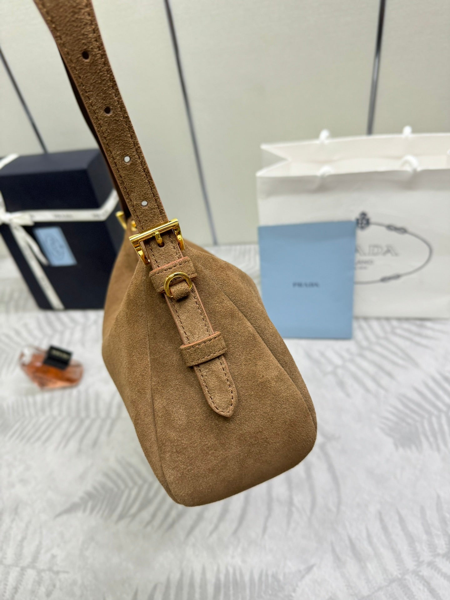 Pra 1BC229 Aimee Underarm Hobo Bag 31cm Brown Suede 267539