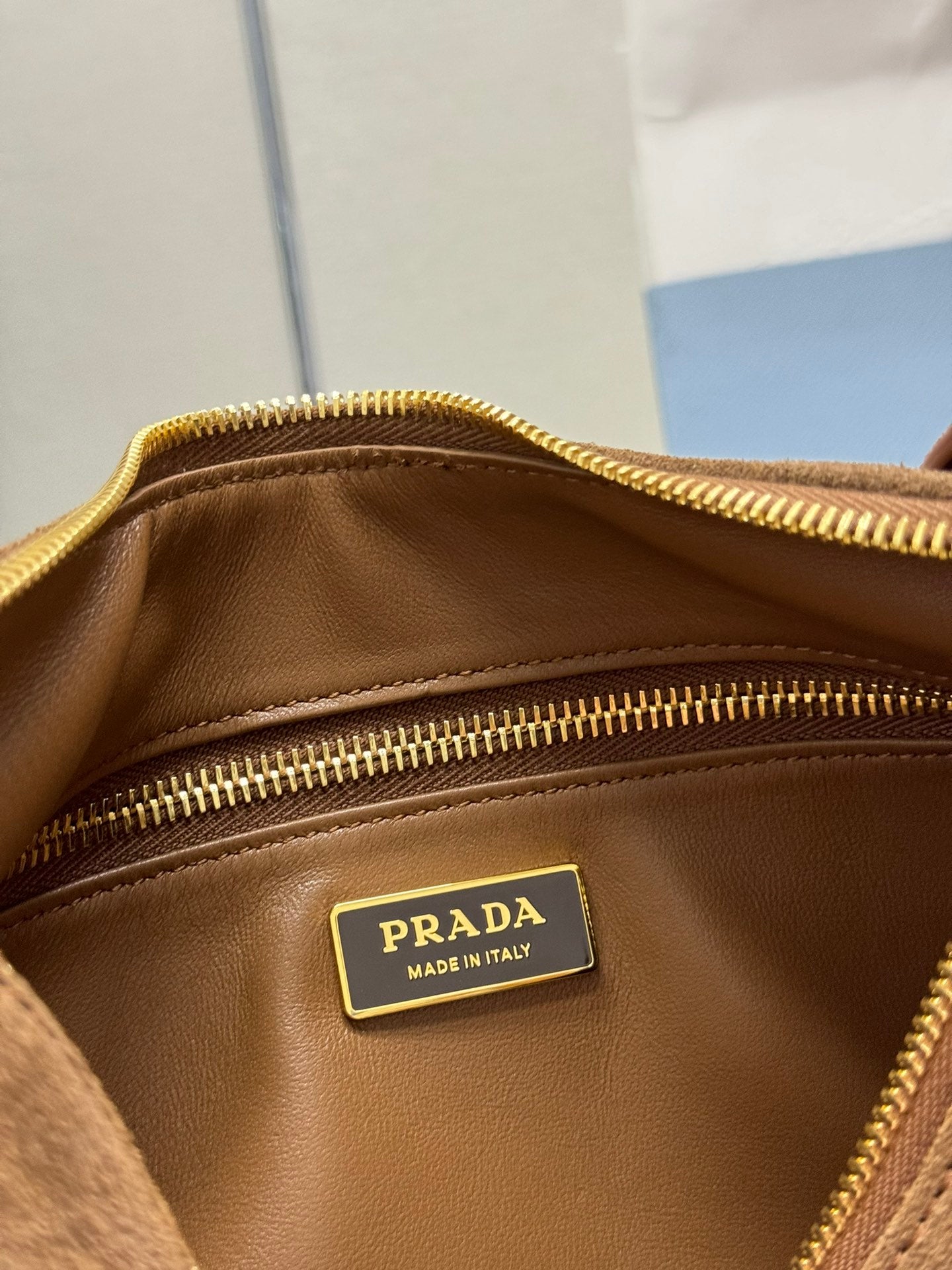 Pra 1BC229 Aimee Underarm Hobo Bag 31cm Brown Suede 267539