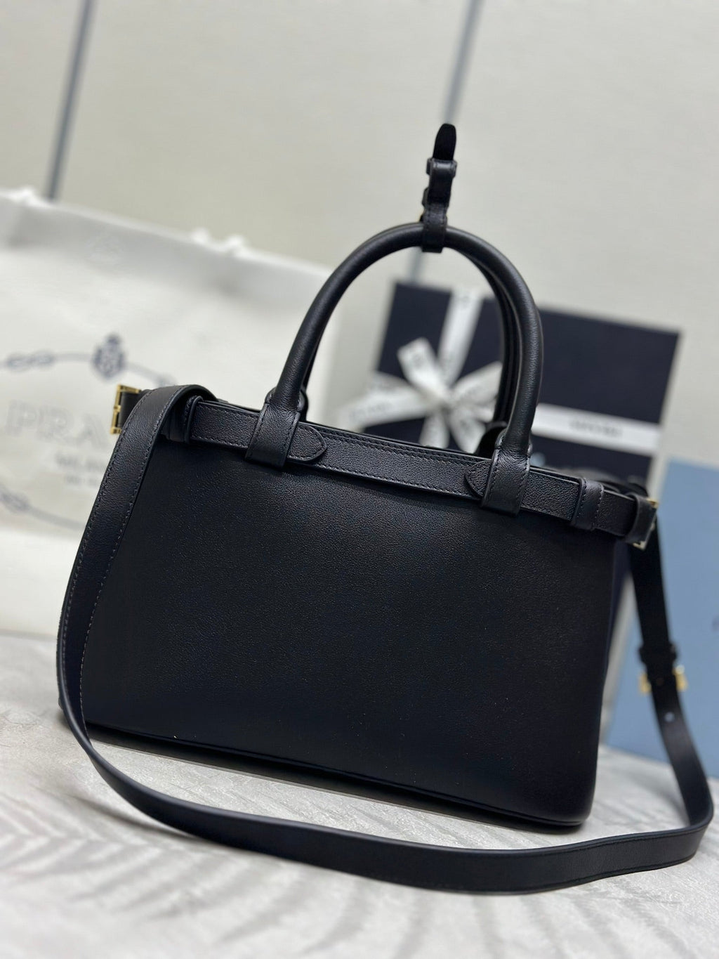 Pra 1BA418 Small Shopping Double Bag 28cm Black Cowhide 267523
