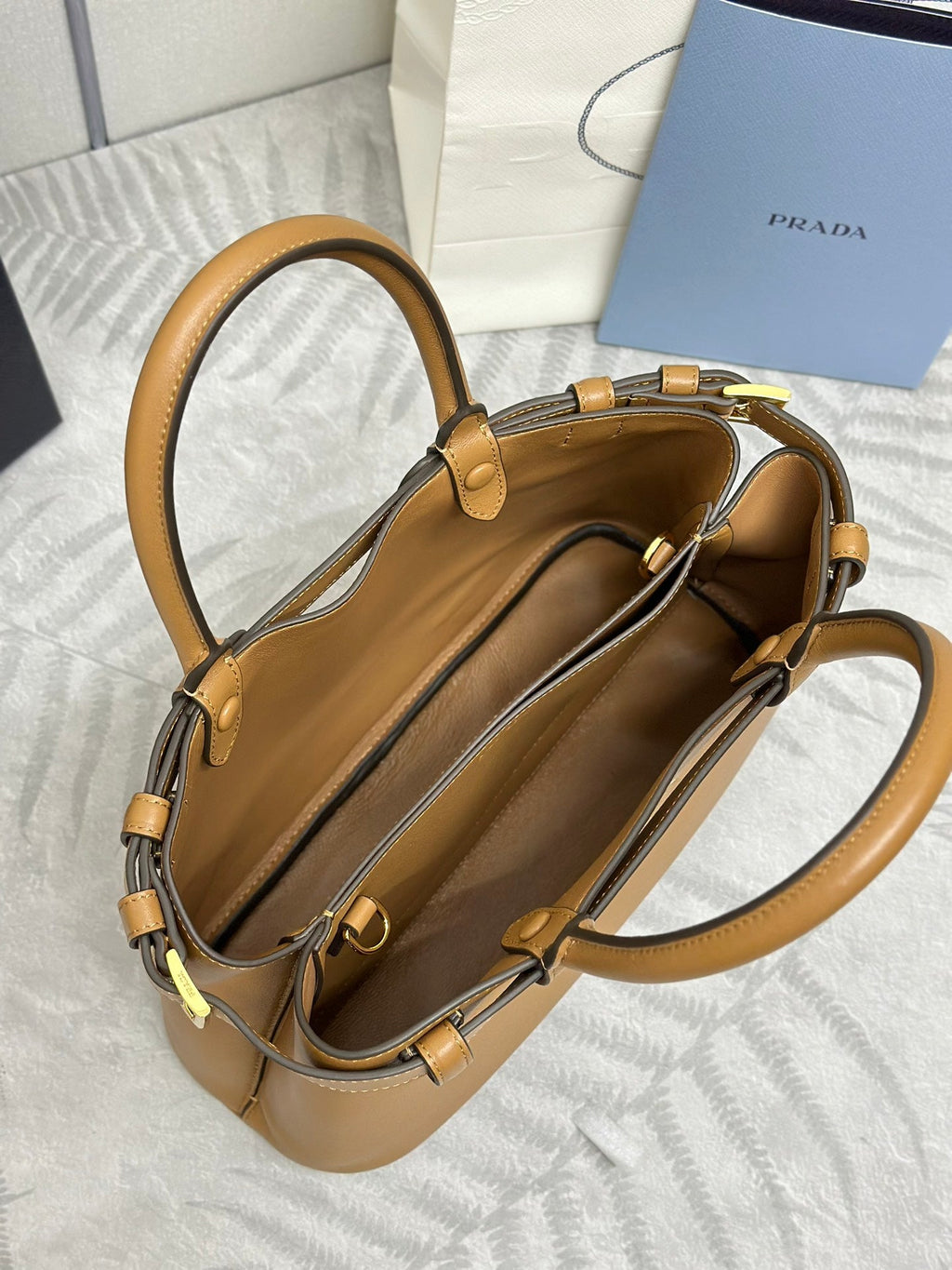 Pra 1BA418 Small Shopping Double Bag 28cm Brown Cowhide  267514