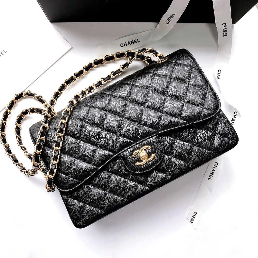 CC Classic Jumbo 30cm Black Caviar Gold Hardware