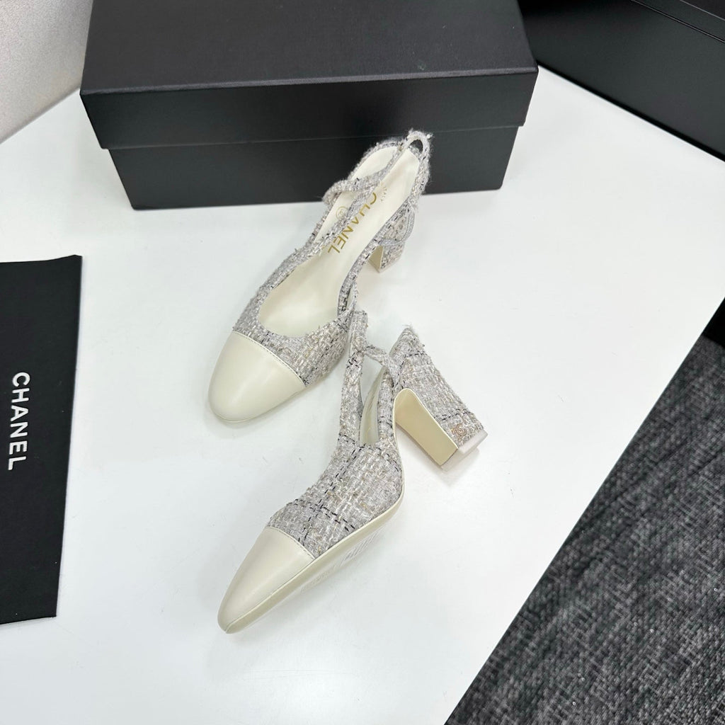 CC 25SS Classic Slingbacks 10cm High Heel White Tweed Cowhide 490183